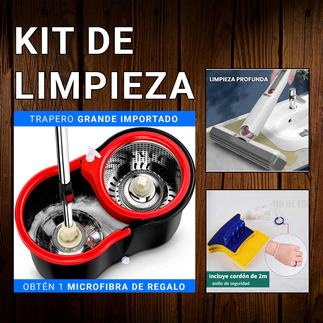 Super Kit: Trapeador Giratorio 360º + LimpiaVidrios + Trapero portatil